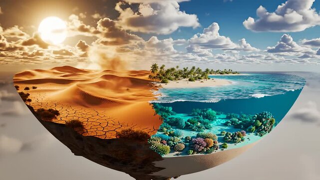 Floating island illustrating climate change: a hot, arid desert with sandstorms and cracked earth contrasts sharply with a lush tropical paradise of sandy beaches, palm trees,