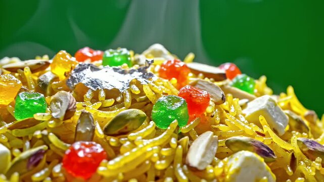 Pakistani Zarda Sweet Rice Dessert Garnished with Nuts and Candied Fruits on a Vibrant Green Background Cinematic Macro Shot