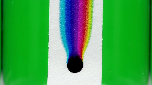 Paper Chromatography Experiment Demonstrating Color Separation and Pigment Diffusion in a Laboratory Setting with Vibrant Rainbow Hues and Green Background