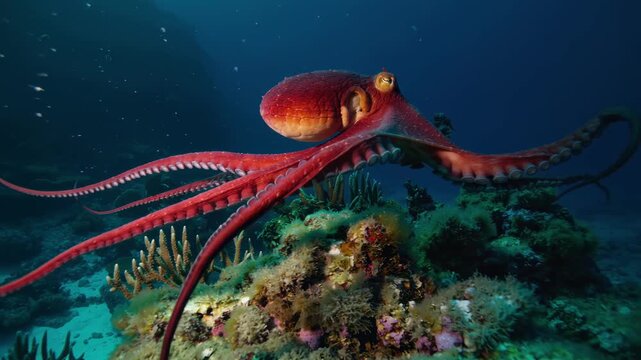 Large red octopus moving tentacles over coral reef in the deep blue ocean