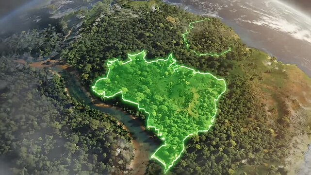 Brazil map transforms from space, highlighting its borders into a vibrant, lush Amazon rainforest, showcasing rich ecosystems, biodiversity, and environmental importance. Ideal for documentaries,