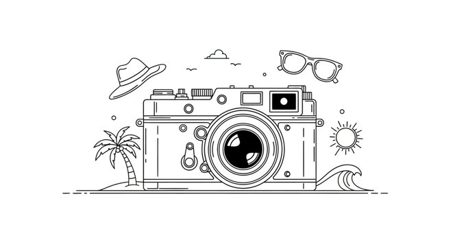Line Art Retro Camera with Summer Hat and Sunglasses on Beach, in bright studio