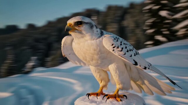 Majestic white falcon flying and landing on snowy wooden post in winter mountain landscape