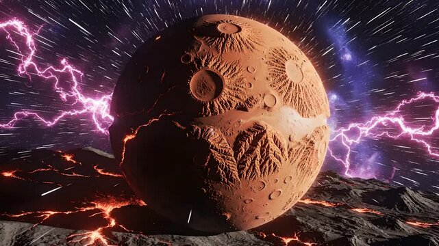 Alien planet with glowing volcanic cracks, resting on a molten surface, set against a cosmic background with hyper-speed stars and dramatic lightning. Perfect for sci-fi films, game assets,