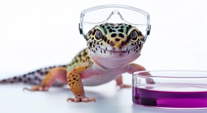 Leopard gecko wearing safety goggles sitting next to a petri dish on white background