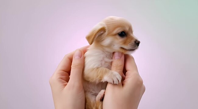 Extremely adorable Chihuahua puppy being held in caring hands on light background