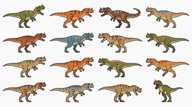 A group of colorful dinosaurs arranged in a grid, all facing in different directions. Each dinosaur has a unique color and pattern, creating a vibrant display. 