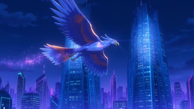 Majestic blue phoenix soars over a futuristic city at night, digital art