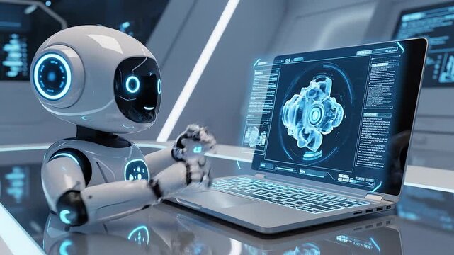 Cute robot interacts with holographic blueprint on futuristic laptop screen