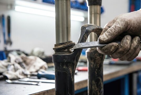 Mechanic removing the dust seal from a dirty mountain bike suspension fork