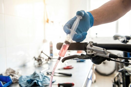 Mechanic using a syringe to bleed hydraulic brakes on a mountain bike