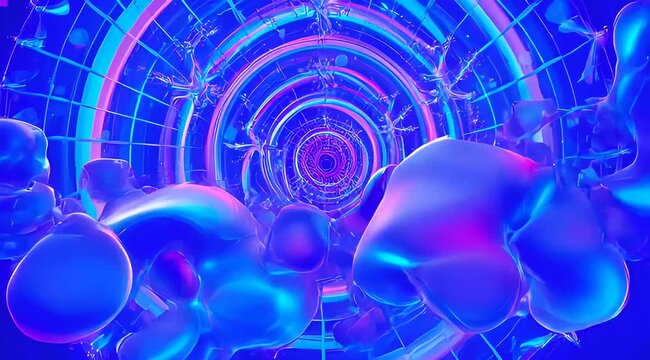 Abstract surreal tunnel with amorphous shapes and vibrant neon lights