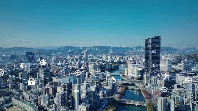 Conceptual images of drone aerial view of modern cities and digital networks.