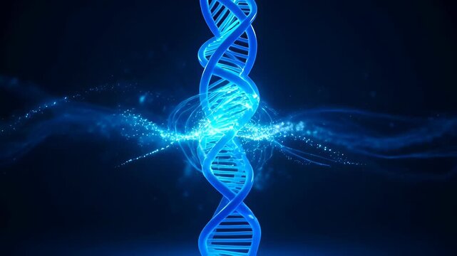 Abstract representation of DNA double helix with glowing particles on dark background