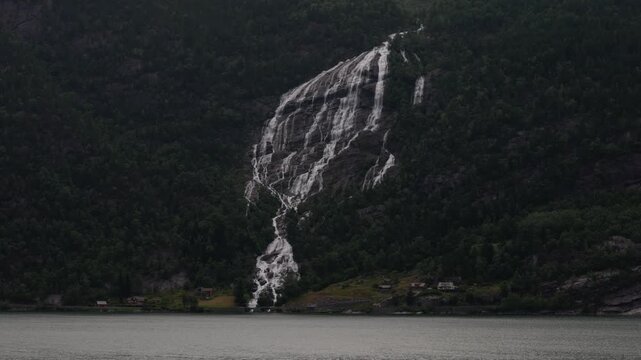 A waterfall fromLilletopp hike in Norway, viewpoint on fjords and waterfall
