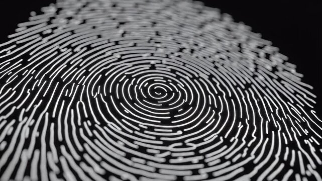 A detailed, close-up view of a white fingerprint pattern against a black background