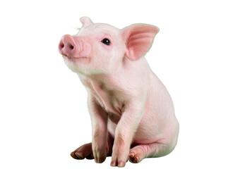 Cute pink piglet sitting, looking curiously upwards, a charming farm animal isolated PNG on transparent background, great for farm themes © Ciara