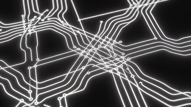 Abstract glowing white circuit board lines on black background