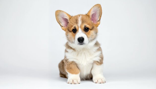 Adorable Pembroke Welsh Corgi Puppy Sitting on White Background.