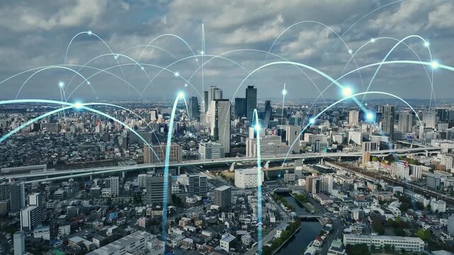 Conceptual image of urban drone aerial view and communication network
