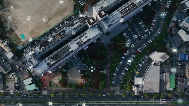都市のドローン空撮と通信ネットワークのコンセプトイメージ