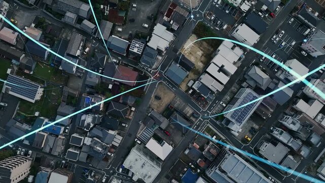 都市のドローン空撮と通信ネットワークのコンセプトイメージ