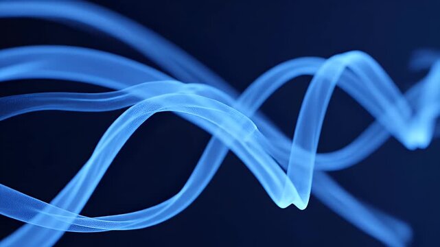 Abstract luminous blue ribbons flowing and interlacing against a dark background
