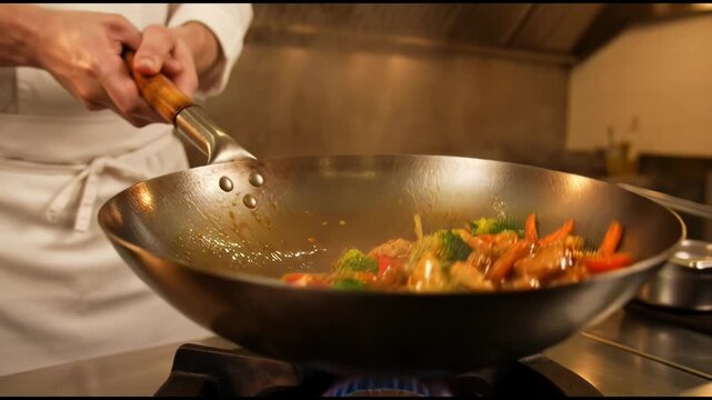 Chef cooking delicious stirfry in wok over open flame in restaurant kitchen