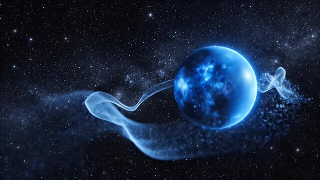 A luminous blue celestial body with swirling gaseous tendrils against a starry void