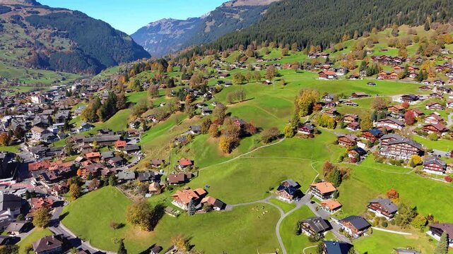 Grindelwald autumn aerial view with traditional chalets and green grass slopes. Grindelwald, Canton of Bern, Switzerland.