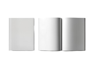 Fototapeta premium Blank softcover book mockup, a closed standing magazine and two open brochures with empty pages, isolated on transparent background for design presentation