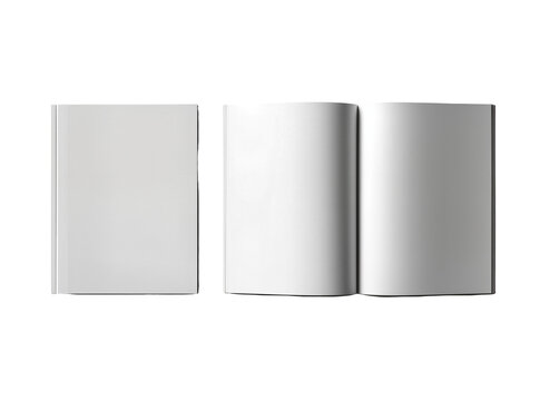 Blank softcover book mockup, a closed standing magazine and two open brochures with empty pages, isolated on transparent background for design presentation
