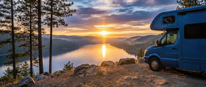 Blue camper van parked on a rocky cliff overlooking a serene mountain lake at sunrise. Road trip, vanlife, and outdoor adventure vacation concept.