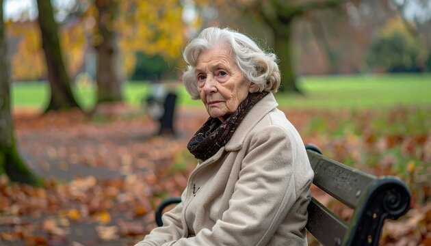 Elderly Woman Sits Thoughtfully on Park Bench Amidst Autumn Leaves.