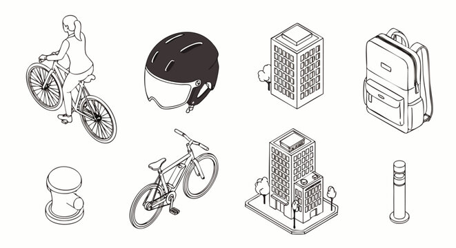 Isometric line art illustrations of urban life and city elements. Woman on bike, helmet, backpack, modern buildings, and street bollards. Design assets.