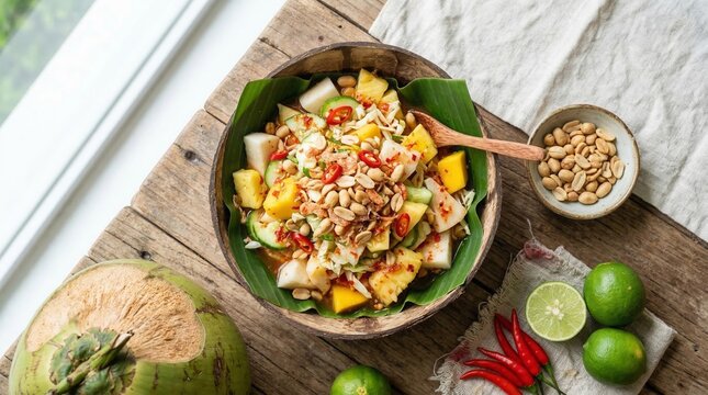 Vibrant tropical fruit salad known as rujak served traditionally in a rustic coconut bowl with fresh ingredients like peanuts limes and chili peppers nearby