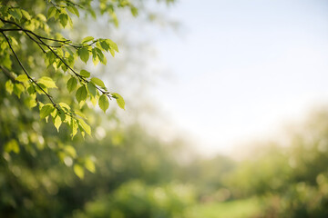 Fresh spring leaves with sunlight and soft natural bokeh background