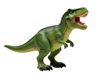 Fototapeta premium Vibrant green Tyrannosaurus Rex dinosaur toy with open mouth and sharp teeth, a detailed prehistoric creature isolated PNG, perfect for educational content and children s designs