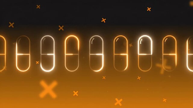 Neon capsules in a row, glowing orange and white against a dark gradient