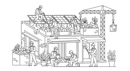 Obraz premium Sustainable Green Building Construction with Solar Panels and Rooftop Garden Line Art Illustration