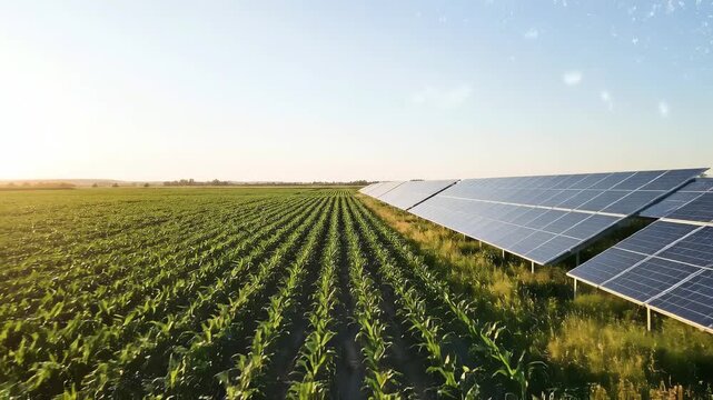 Solar panels installed next to a young corn field in a rural landscape at sunset