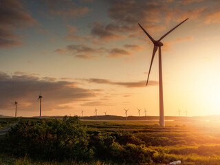 Wind turbine stands tall at golden sunset. Soft clouds glow behind it. Distant turbines dot the horizon. Golden light bathes the grassy field. Ideal for renewable energy themes © mark_gusev
