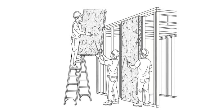 Construction Workers Installing Thermal Insulation in House Wall Frame Line Art Illustration