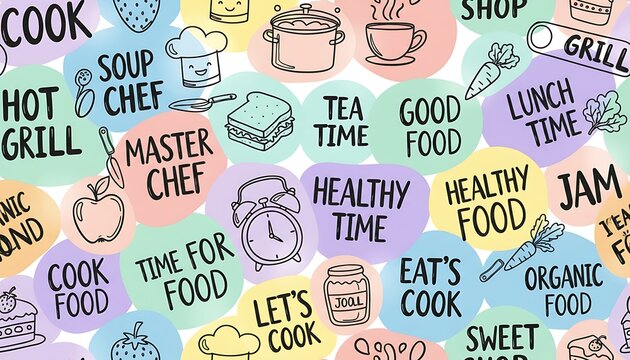 Colorful Kitchen Themed Collage with Cooking Icons and Text