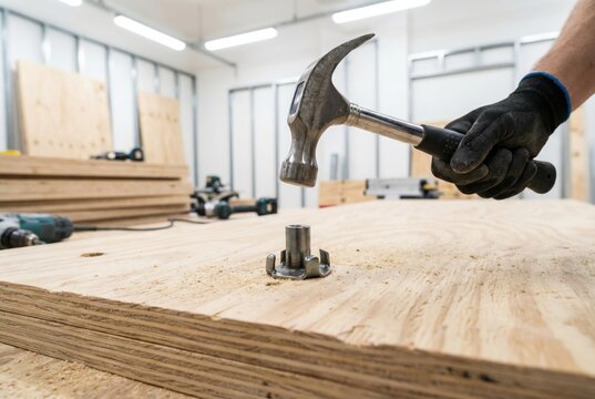 Builder hammering a metal t-nut into a wooden plywood panel for a climbing wall