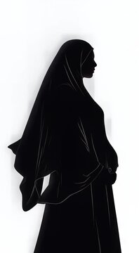 Silhouette of a Muslim Woman in Hijab Standing Against a White Background.