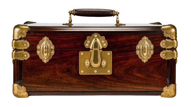 Antique wooden trunk with rich dark grain, ornate polished brass hardware, and a leather handle, isolated PNG on transparent background