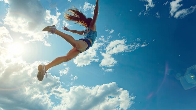 Woman Leaping Through Sky with Sunlit Clouds Behind