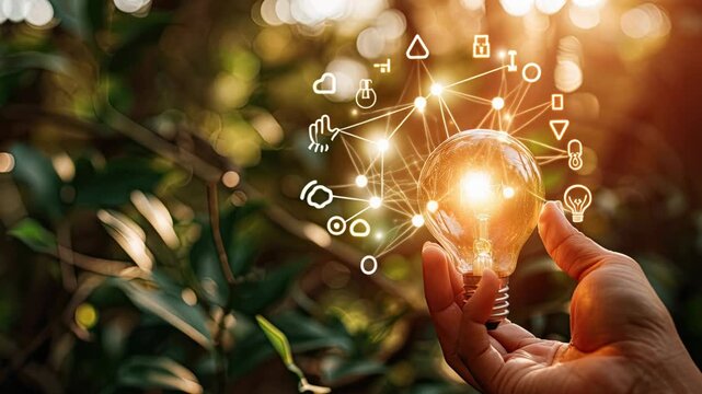 Hand Holding Glowing Light Bulb with Digital Innovation Network