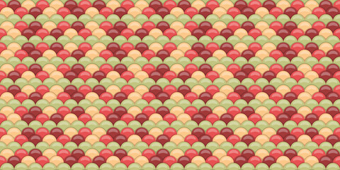 Vibrant, seamless pattern of overlapping pastel circles in red, beige, and green, creating a stylish fish scale or wave effect. © Olena